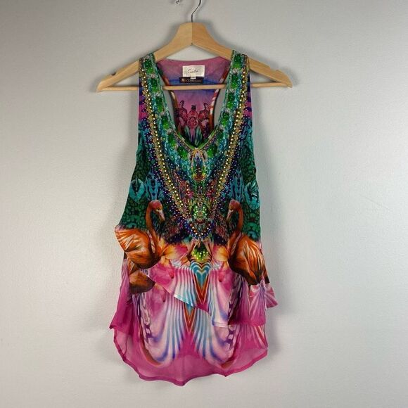 Camilla Awakened Utopia Flamingo Layered Silk Top Size 1 - Picture 6 of 14